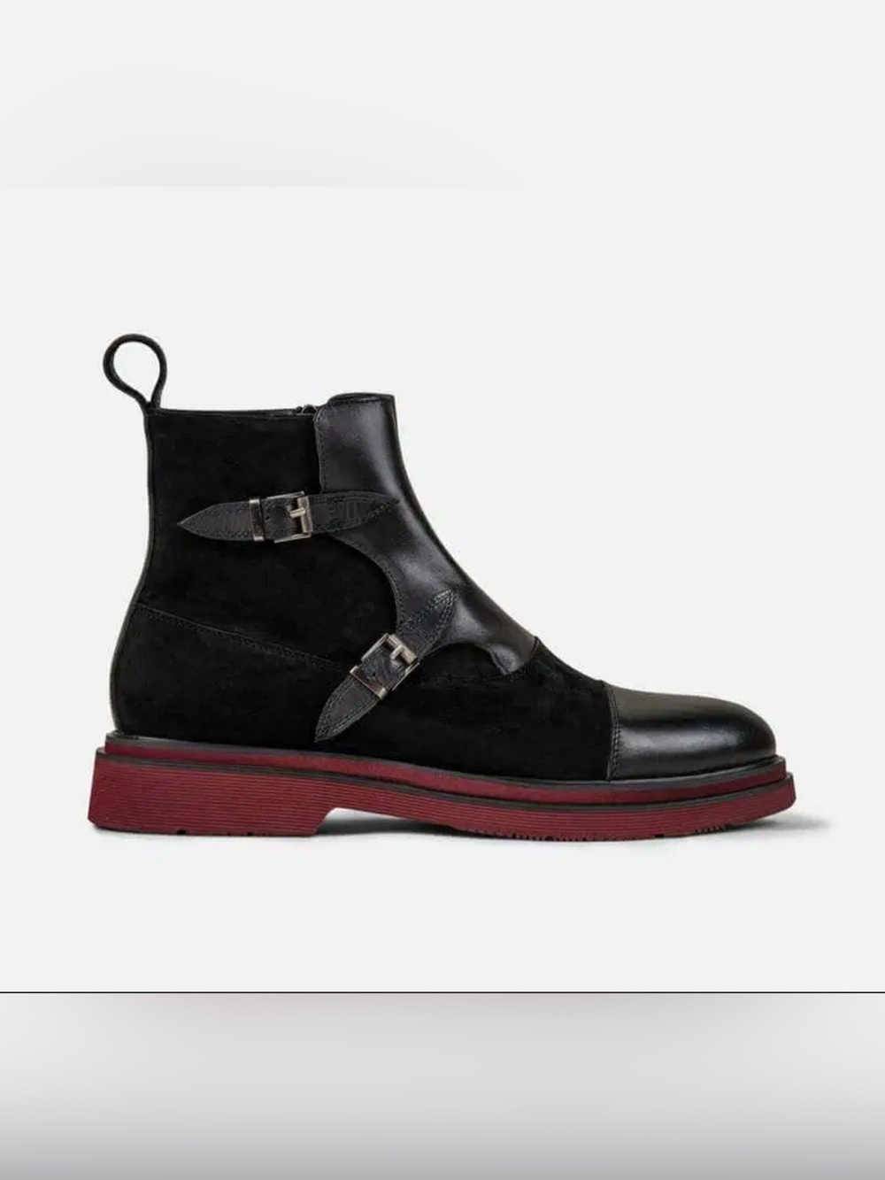 Marc Nolan Grant Buckle Leather & Suede Boots With Distinctive Oxblood Red Sole
